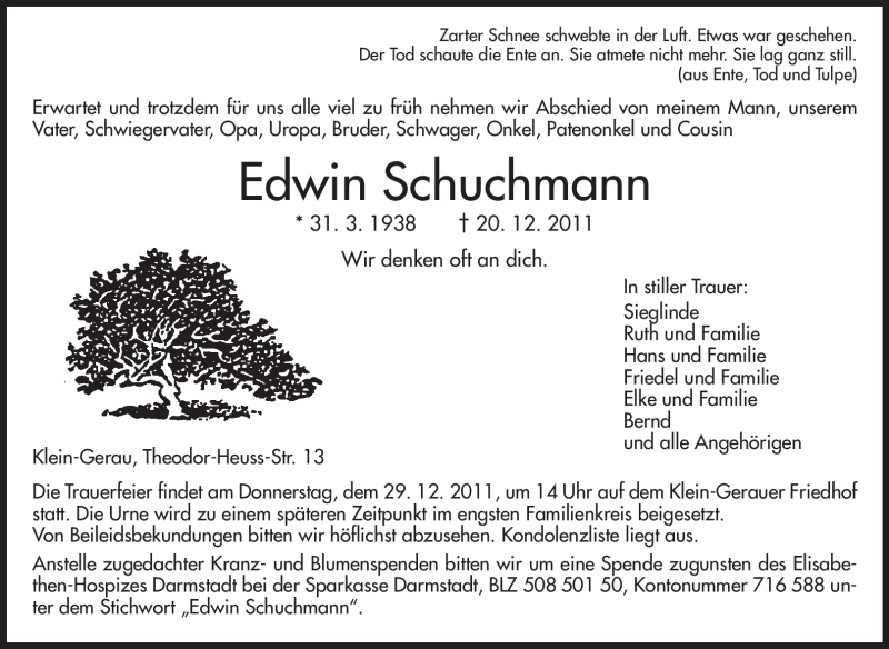  Traueranzeige für Edwin Schuchmann vom 27.12.2011 aus Rüsselsheimer Echo, Groß-Gerauer-Echo, Ried Echo
