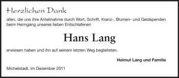 Traueranzeige von Hans Lang von Odenwälder Echo