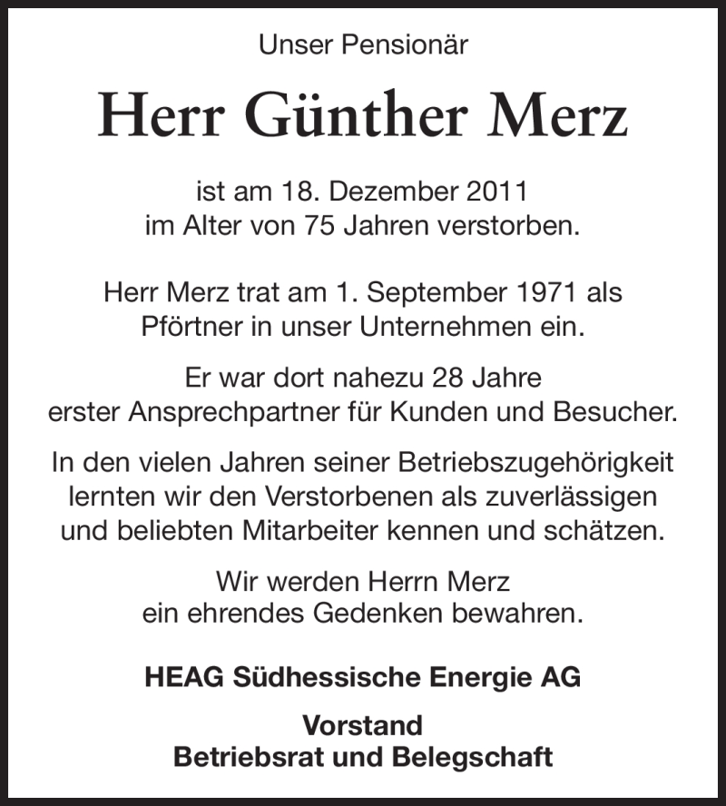  Traueranzeige für Günther Merz vom 24.12.2011 aus Darmstädter Echo, Odenwälder Echo, Rüsselsheimer Echo, Groß-Gerauer-Echo, Ried Echo