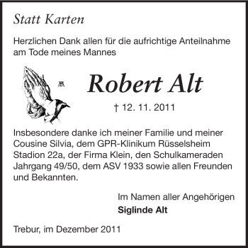 Traueranzeige von Robert Alt von Rüsselsheimer Echo, Groß-Gerauer-Echo, Ried Echo