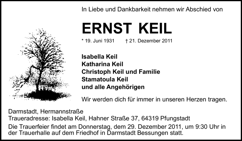  Traueranzeige für Ernst Keil vom 24.12.2011 aus Echo-Zeitungen (Gesamtausgabe)