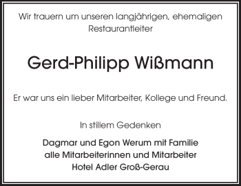 Traueranzeige von Gerd-Philipp Wißmann von Rüsselsheimer Echo, Groß-Gerauer-Echo, Ried Echo