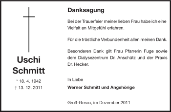 Traueranzeige von Uschi Schmitt von Rüsselsheimer Echo, Groß-Gerauer-Echo, Ried Echo