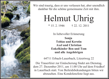 Traueranzeige von Helmut Uhrig von Odenwälder Echo