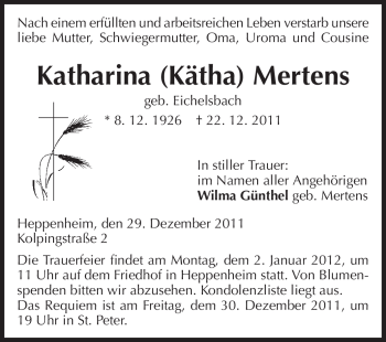 Traueranzeige von Katharina Mertens von Starkenburger Echo