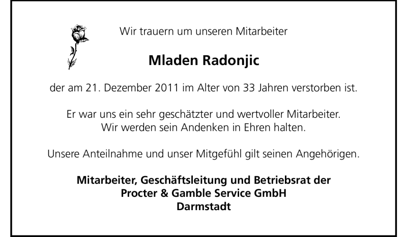  Traueranzeige für Mladen Radonjic vom 24.12.2011 aus Echo-Zeitungen (Gesamtausgabe)