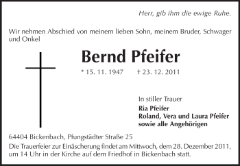 Traueranzeige von Bernd Pfeifer von Echo-Zeitungen (Gesamtausgabe)
