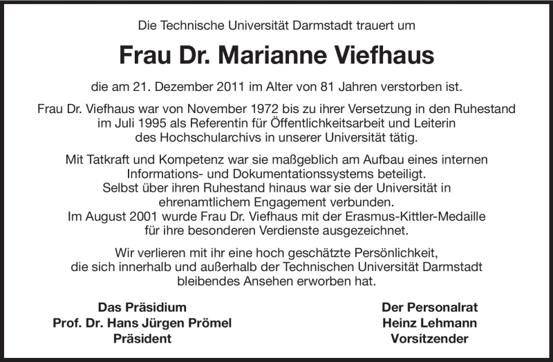  Traueranzeige für Marianne Viefhaus vom 27.12.2011 aus Echo-Zeitungen (Gesamtausgabe)