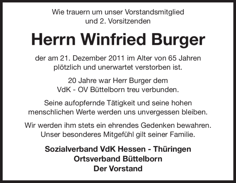  Traueranzeige für Winfried Burger vom 28.12.2011 aus Rüsselsheimer Echo, Groß-Gerauer-Echo, Ried Echo