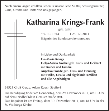 Traueranzeige von Katharina Krings-Frank von Echo-Zeitungen (Gesamtausgabe)