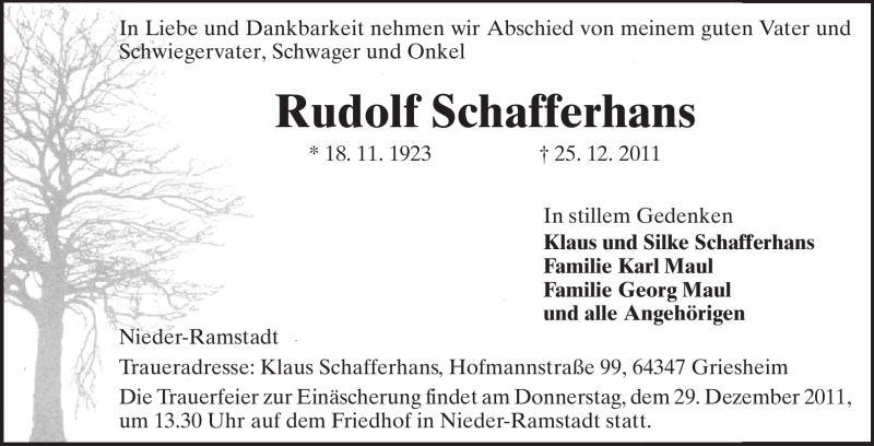  Traueranzeige für Rudolf Schafferhans vom 27.12.2011 aus Echo-Zeitungen (Gesamtausgabe)
