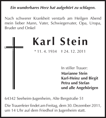 Traueranzeige von Karl Stein von Echo-Zeitungen (Gesamtausgabe)