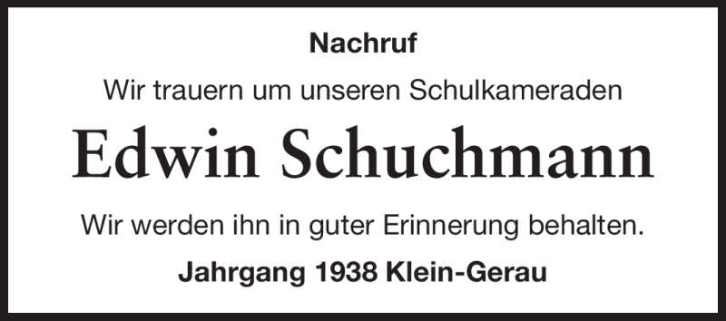  Traueranzeige für Edwin Schuchmann vom 31.12.2011 aus Rüsselsheimer Echo, Groß-Gerauer-Echo, Ried Echo