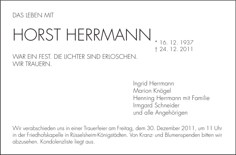  Traueranzeige für Horst Herrmann vom 28.12.2011 aus Rüsselsheimer Echo, Groß-Gerauer-Echo, Ried Echo