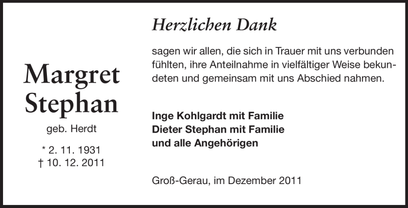  Traueranzeige für Margret Stephan vom 28.12.2011 aus Rüsselsheimer Echo, Groß-Gerauer-Echo, Ried Echo