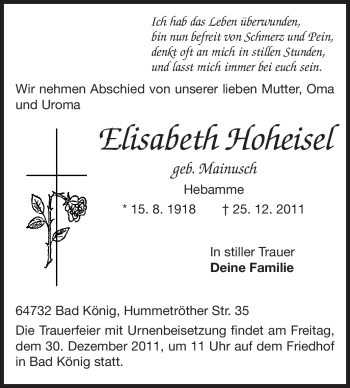 Traueranzeige von Elisabeth Hoheisel von Echo-Zeitungen (Gesamtausgabe)