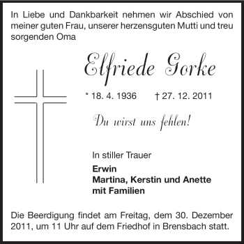 Traueranzeige von Elfriede Gorke von Odenwälder Echo