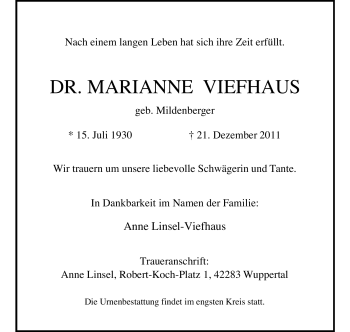 Traueranzeige von Marianne Viefhaus von Echo-Zeitungen (Gesamtausgabe)