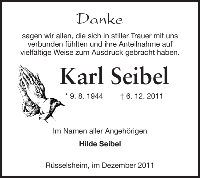  Traueranzeige für Karl Seibel vom 31.12.2011 aus Rüsselsheimer Echo, Groß-Gerauer-Echo, Ried Echo