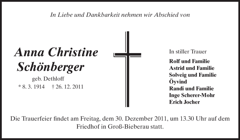  Traueranzeige für Anna Christine Schönberger vom 29.12.2011 aus Darmstädter Echo, Odenwälder Echo, Rüsselsheimer Echo, Groß-Gerauer-Echo, Ried Echo