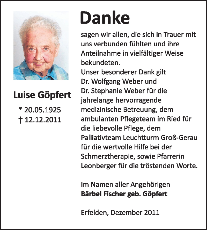  Traueranzeige für Luise Göpfert vom 31.12.2011 aus Rüsselsheimer Echo, Groß-Gerauer-Echo, Ried Echo