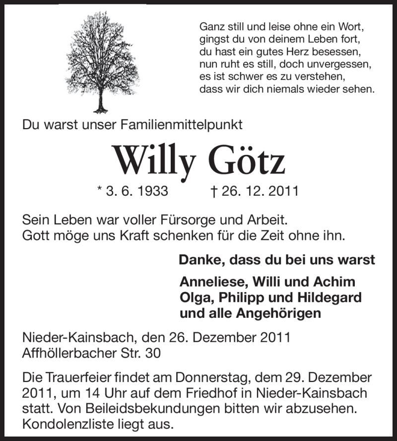  Traueranzeige für Willy Götz vom 28.12.2011 aus Echo-Zeitungen (Gesamtausgabe)