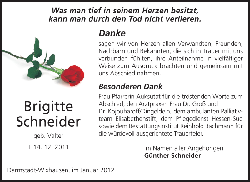  Traueranzeige für Brigitte Schneider vom 04.01.2012 aus Echo-Zeitungen (Gesamtausgabe)