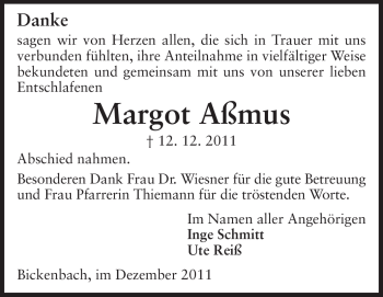 Traueranzeige von Margot Aßmus von Echo-Zeitungen (Gesamtausgabe)