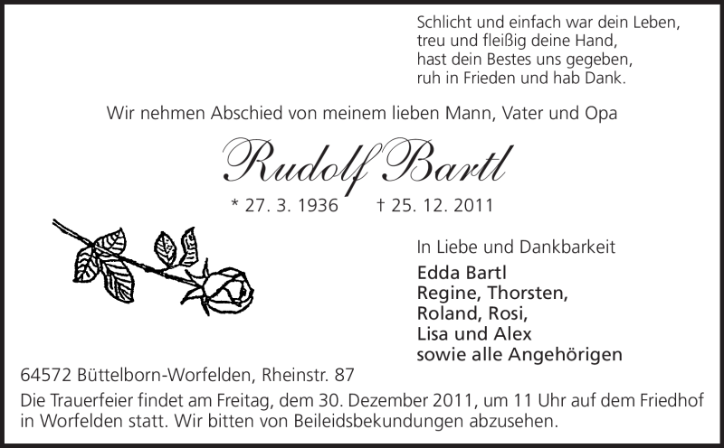  Traueranzeige für Rudolf Bartl vom 29.12.2011 aus Rüsselsheimer Echo, Groß-Gerauer-Echo, Ried Echo