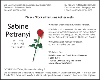 Traueranzeige von Sabine Petranyi von Odenwälder Echo