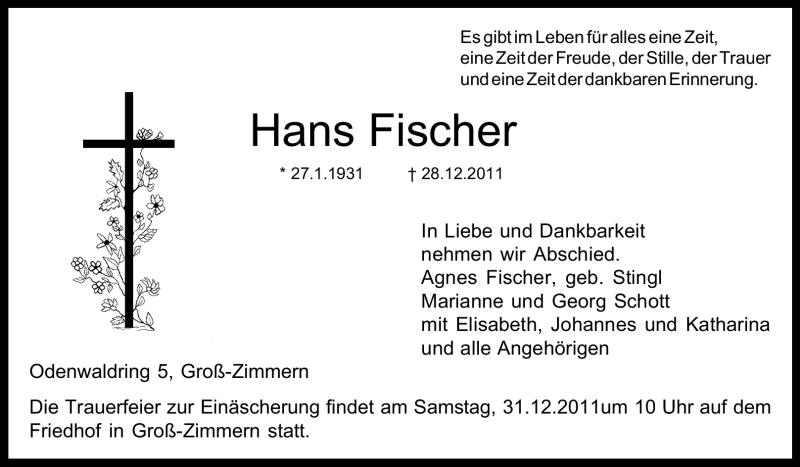 Traueranzeige für Hans Fischer vom 29.12.2011 aus Echo-Zeitungen (Gesamtausgabe)
