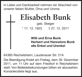 Traueranzeige von Elisabeth Bunk von Odenwälder Echo
