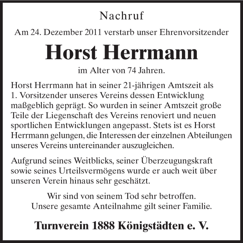  Traueranzeige für Horst Herrmann vom 29.12.2011 aus Rüsselsheimer Echo, Groß-Gerauer-Echo, Ried Echo