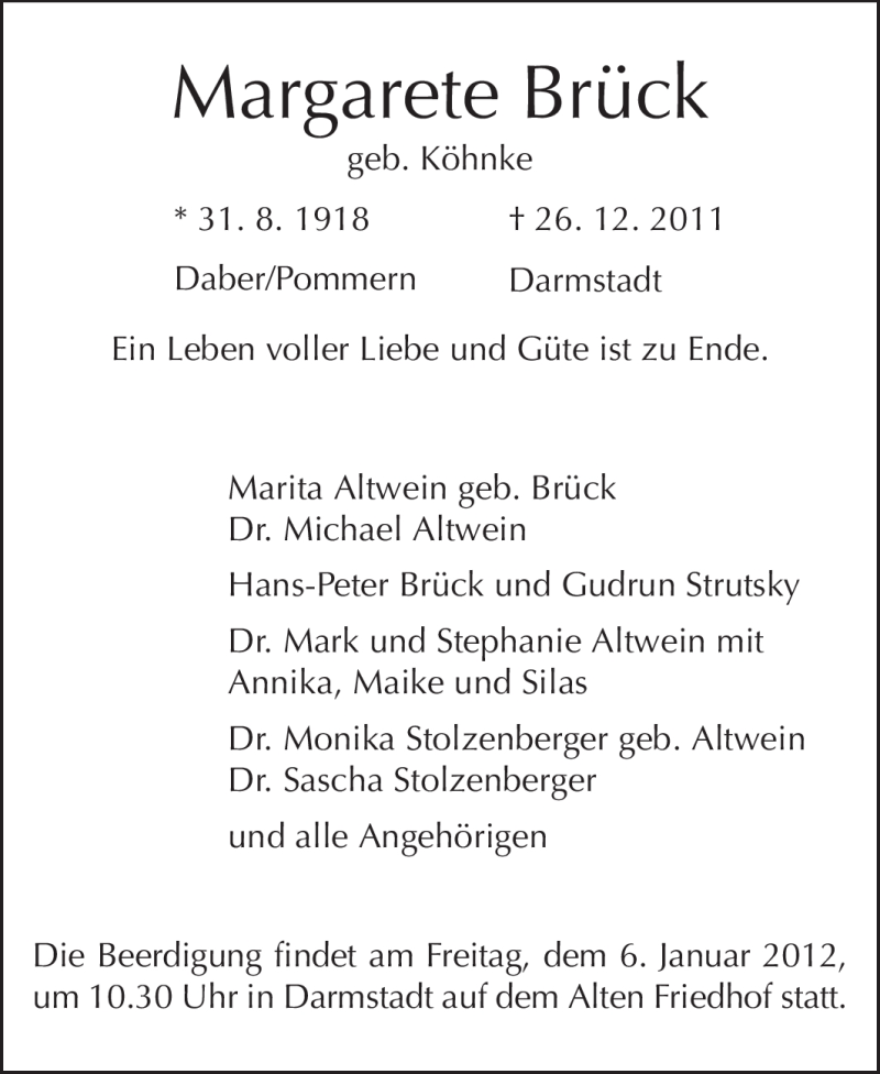  Traueranzeige für Margarete Brück vom 04.01.2012 aus Echo-Zeitungen (Gesamtausgabe)