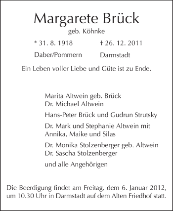Traueranzeige von Margarete Brück von Echo-Zeitungen (Gesamtausgabe)