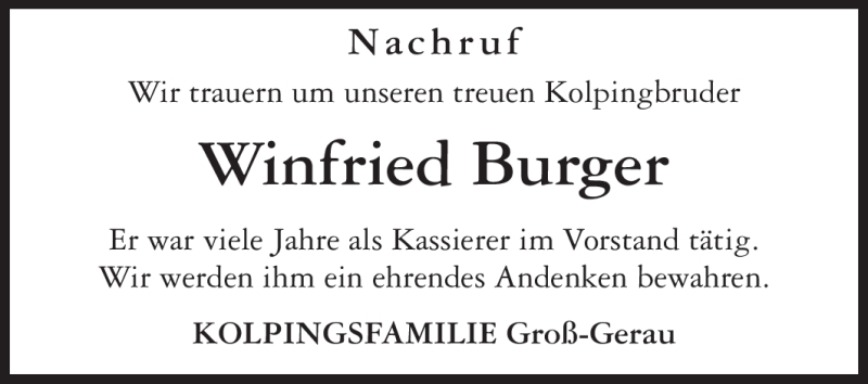  Traueranzeige für Winfried Burger vom 30.12.2011 aus Darmstädter Echo, Odenwälder Echo, Rüsselsheimer Echo, Groß-Gerauer-Echo, Ried Echo