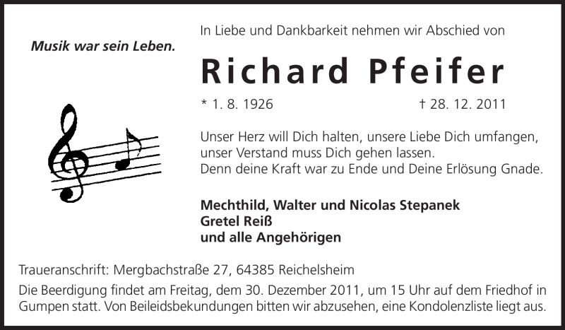 Traueranzeige für Richard Pfeifer vom 29.12.2011 aus Odenwälder Echo