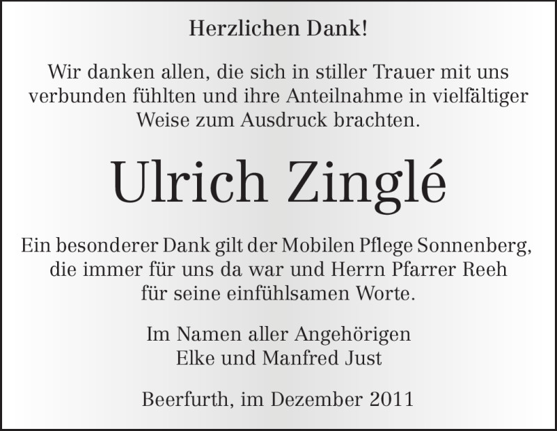  Traueranzeige für Ulrich Zinglé vom 30.12.2011 aus Odenwälder Echo
