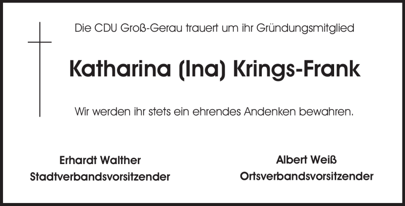  Traueranzeige für Katharina (Ina) Krings-Frank vom 29.12.2011 aus Rüsselsheimer Echo, Groß-Gerauer-Echo, Ried Echo
