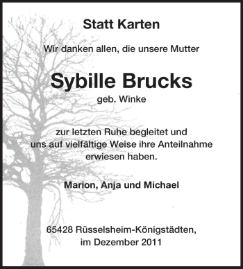 Traueranzeige von Sybille Brucks von Rüsselsheimer Echo, Groß-Gerauer-Echo, Ried Echo