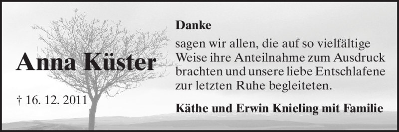  Traueranzeige für Anna Küster vom 31.12.2011 aus Echo-Zeitungen (Gesamtausgabe)