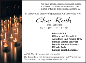 Traueranzeige von Else Roth von Rüsselsheimer Echo, Groß-Gerauer-Echo, Ried Echo