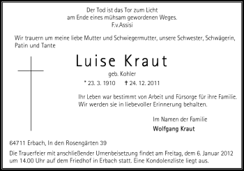 Traueranzeige von Luise Kraut von Odenwälder Echo