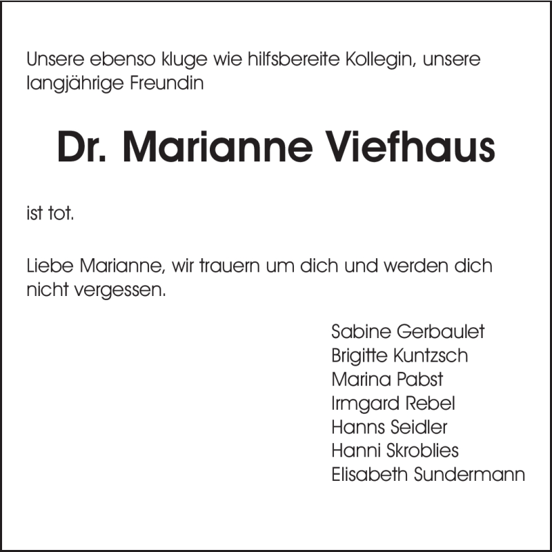  Traueranzeige für Marianne Viefhaus vom 31.12.2011 aus Echo-Zeitungen (Gesamtausgabe)