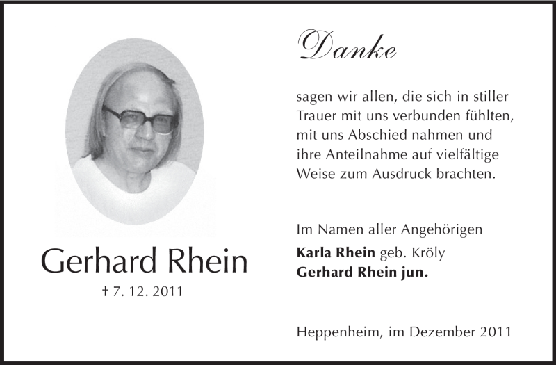  Traueranzeige für Gerhard Josef Rhein vom 30.12.2011 aus Starkenburger Echo, Bergsträßer Anzeiger