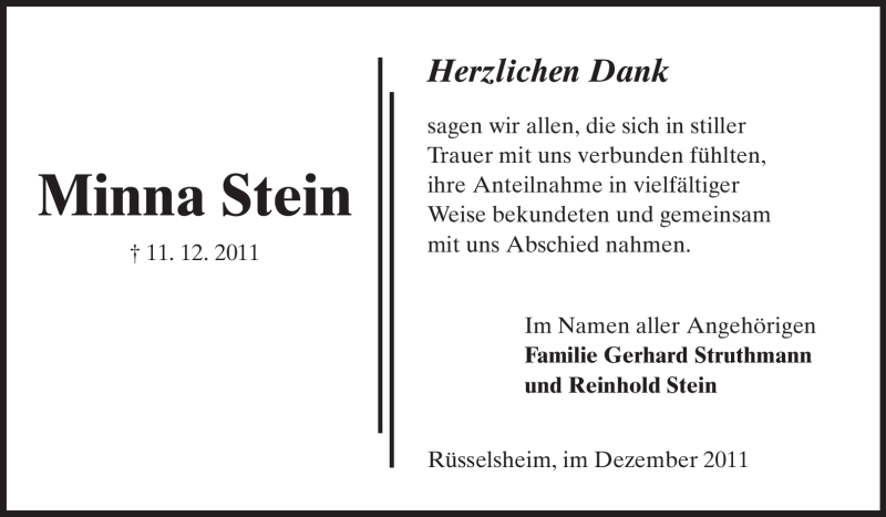  Traueranzeige für Minna Stein vom 31.12.2011 aus Rüsselsheimer Echo, Groß-Gerauer-Echo, Ried Echo