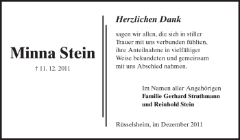 Traueranzeige von Minna Stein von Rüsselsheimer Echo, Groß-Gerauer-Echo, Ried Echo