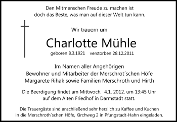 Traueranzeige von Charlotte Mühle von Echo-Zeitungen (Gesamtausgabe)