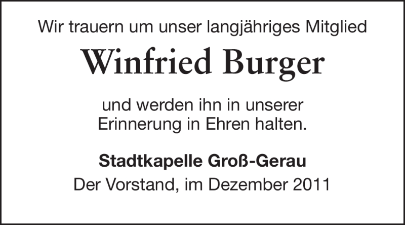  Traueranzeige für Winfried Burger  vom 31.12.2011 aus Rüsselsheimer Echo, Groß-Gerauer-Echo, Ried Echo