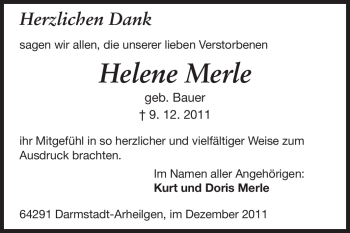 Traueranzeige von Helene Merle von Echo-Zeitungen (Gesamtausgabe)